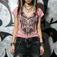 thumbnail image 5 of UOCUFY Grunge Shirts Emo Clothes Teen Girls Vintage Graphic Tee Y2k 2000s Goth Top Women Mcbling Short Sleeve Streetwear (Pink, L), 5 of 9