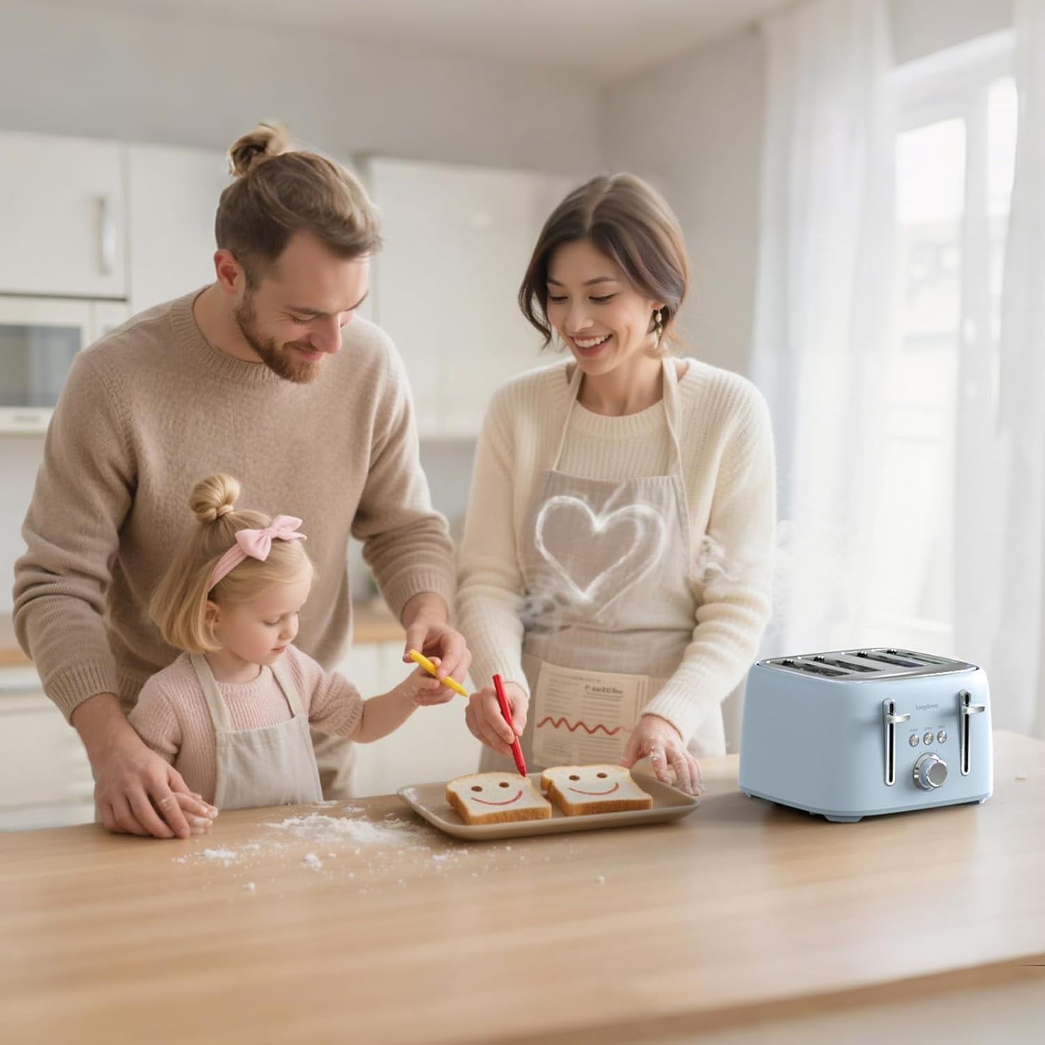 LONGDEEM 4-Slice Toaster Extra Wide Slot Stainless Steel - Removable Tray - Blue