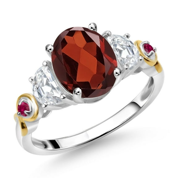 Gem Stone King 925 Silver and 10K Yellow Gold 3-Stone Ring Oval Red Garnet and Moissanite (2.63 Cttw, Size 6)
