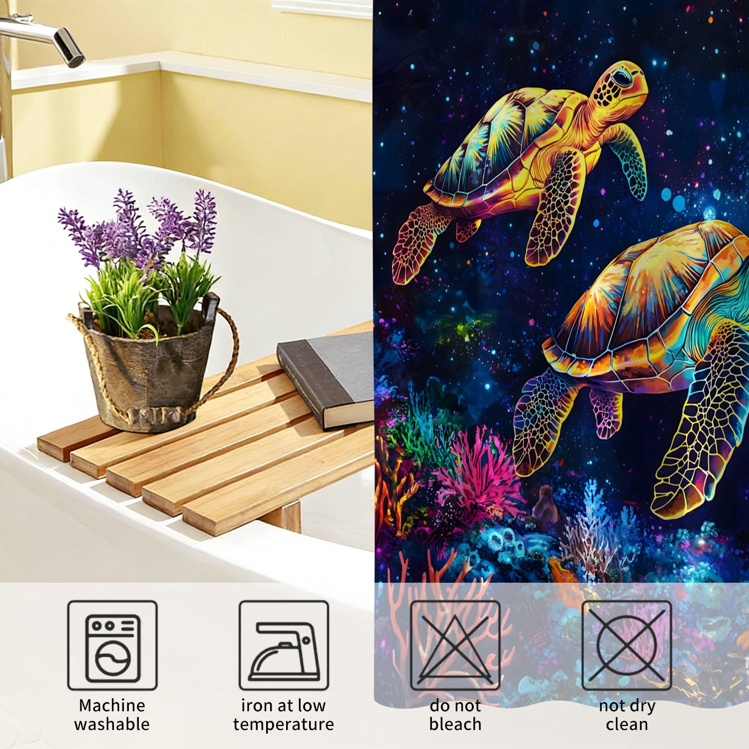 MIZHONA Sea Turtle Shower Curtain Blacklight Ocean Coastal Waterproof Fabric Bathroom Curtain 72x78 in