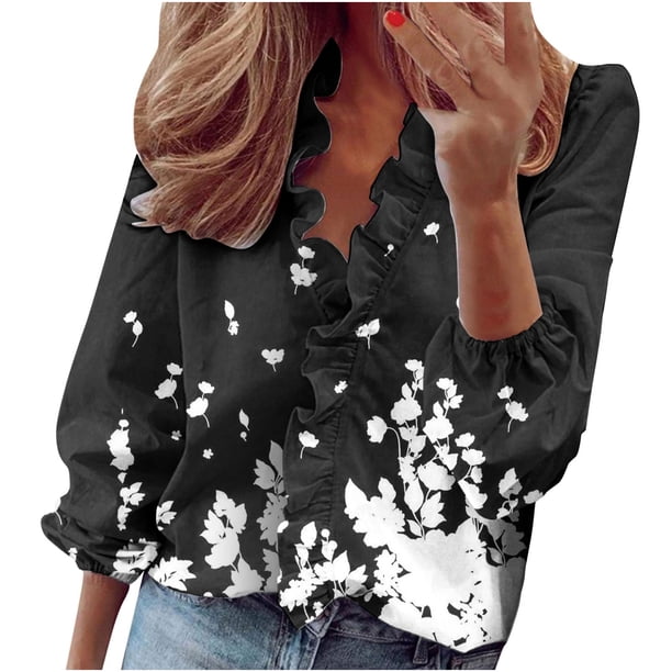 Mujeres Casual Manga completa Cuello en V Tops Camisas sueltas Blusa Tops estampados Pompotops FGAJ13982