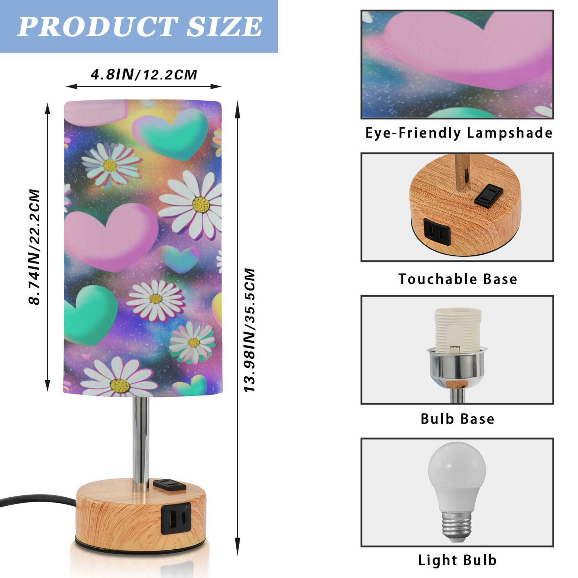 Touch-Control 3-Color Desk Lamp with Plug – Energy-Saving LED + 3 Simultaneous Charging Ports Kawaii Daisy Pop Art