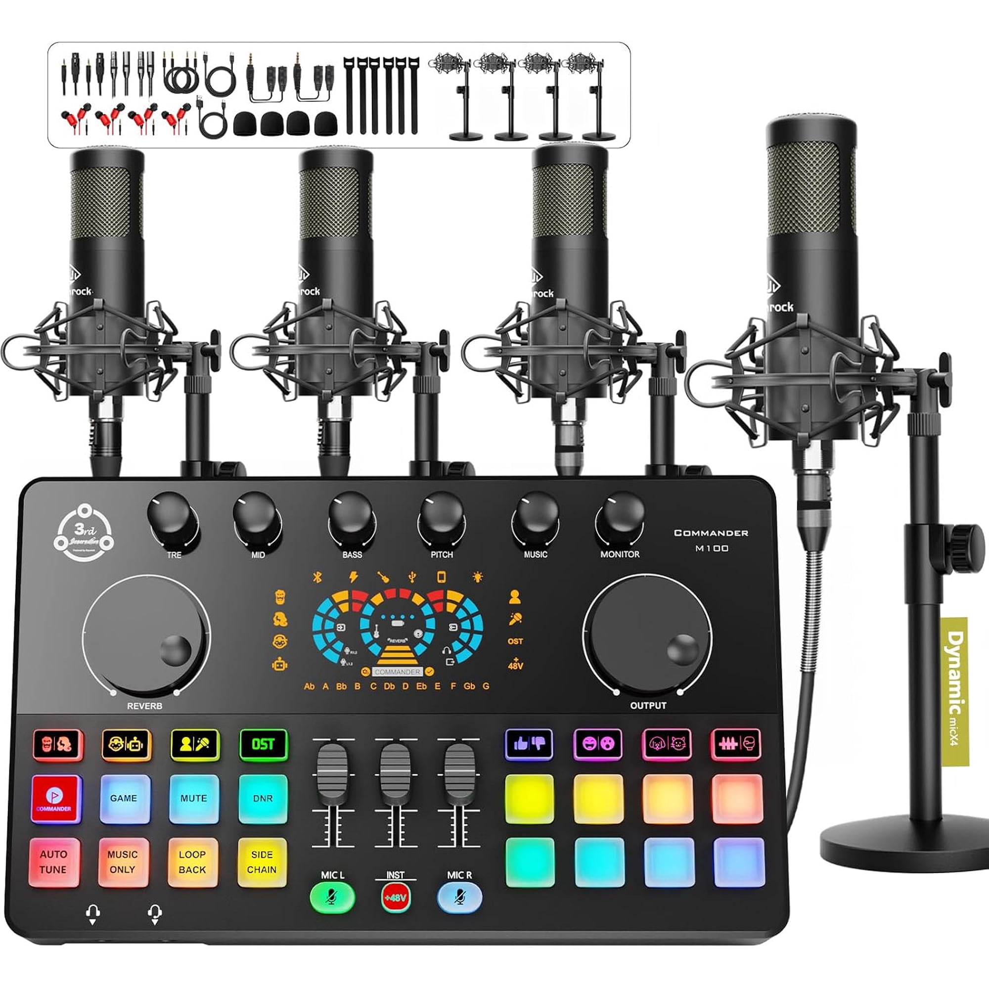 Squarock M100 Podcast Equipment Bundle for 4, Audio Interface with 4 Dynamic Mics Gen-3