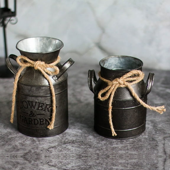 AURORA TRADE Shabby Chic Milk Can Jug with Rope Design French Farmhouse Decor Vase for Wedding Decor Galvanized Tin Can Rustic Primitive Bucket Vase for Decorative Flower Holder