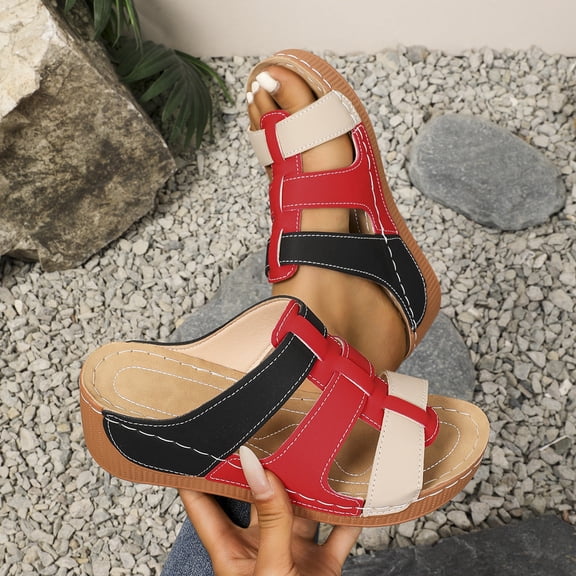Xucatan Women's Color Block Slide Sandals, Contrast Stitching Thick Sole Platform Wedges with Hollow Out Detail, Chunky Beach Shoes for Summer, Versatile Casual Footwear for Outdoor Daily Gift