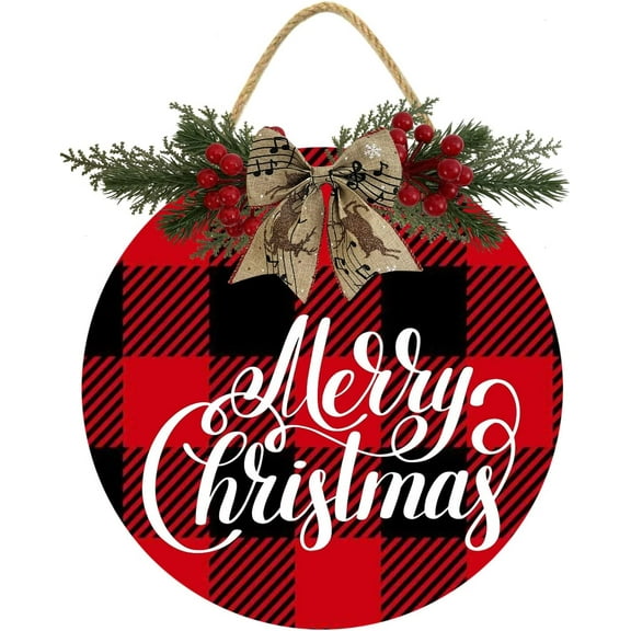 Eveokoki 12" Merry Xmas Wall Sign, Decorative Christmas Wreath For Front Door, Buffalo Plaid For Front Door Porch Window Wall Farmhouse Indoor Outdoor Home Festival Holiday Decor