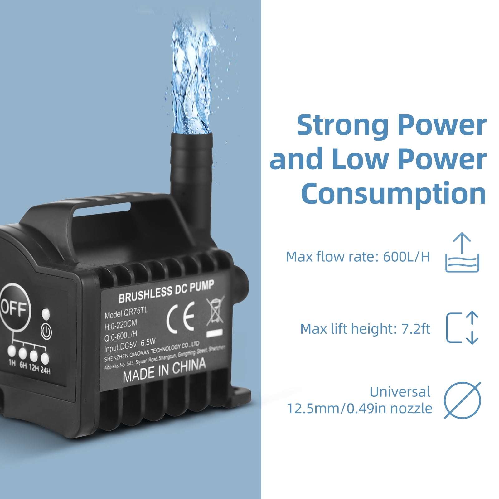 Mini 5V Water Pump with 4 Gear On/Off Timing, Acceleration and Deceleration Function, Max 600L/H Flow 7.2ft Lift, USB Charging Cable and Suction Cup Base