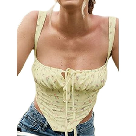 

MERSARIPHY Women Summer Sexy Floral Vest Off Shoulder Low-cut Backless Crop Tops Girls Drawstring Ruched Bustier Corset