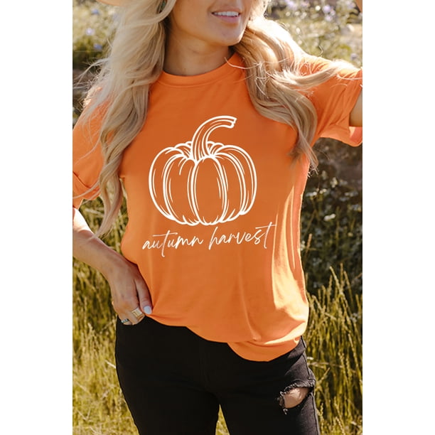 ABPHQTO Camiseta naranja con gráfico de calabaza de cosecha de otoño para mujer