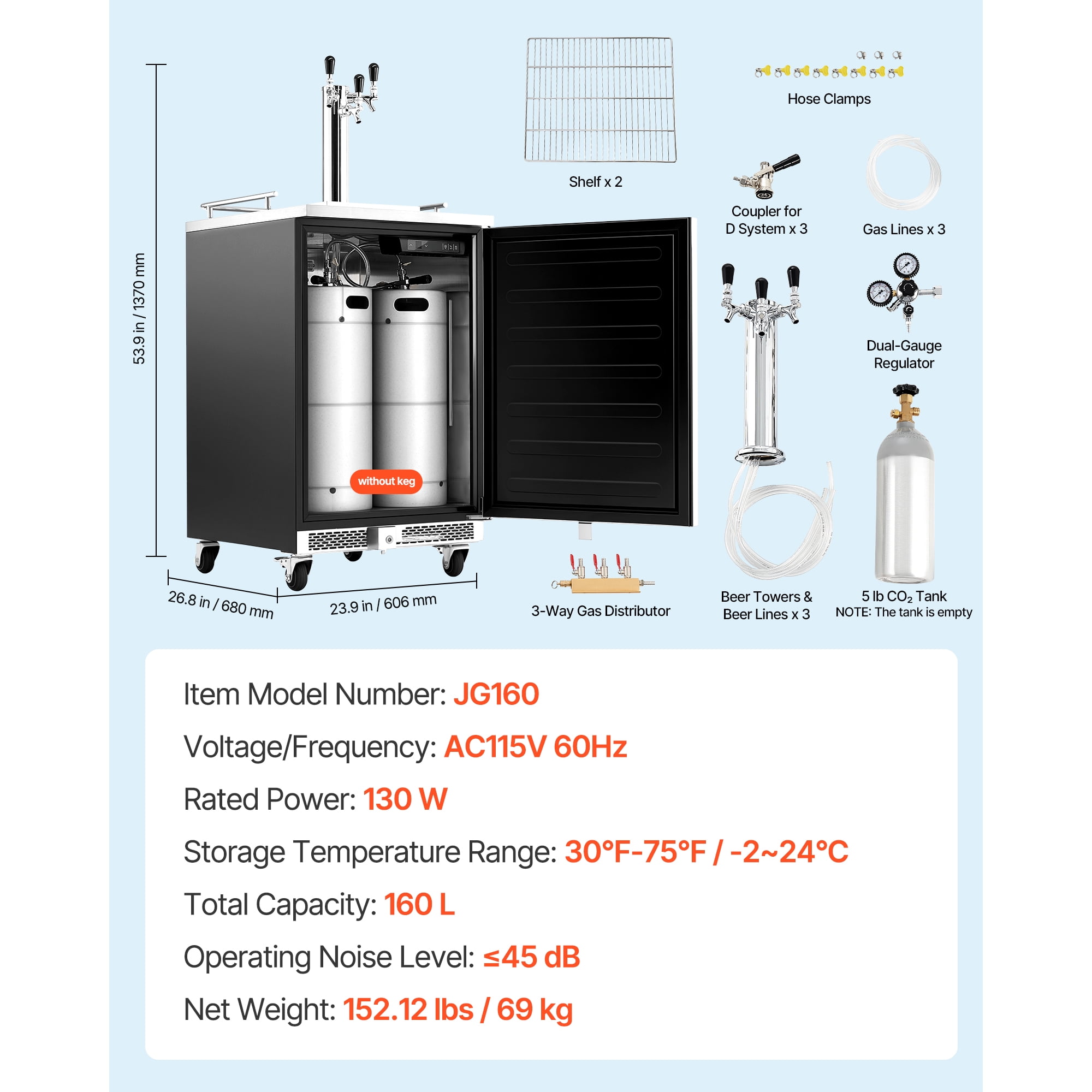 KFFKFF Triple Tap Beer Kegerator, Commercial Draft Dispenser for D System, Full-Size Keg Refrigerator with 5lbs CO2 Tank, Fits 3 Sixth / 2 Slim / 3 Ball Lock Kegs, 160L Capacity