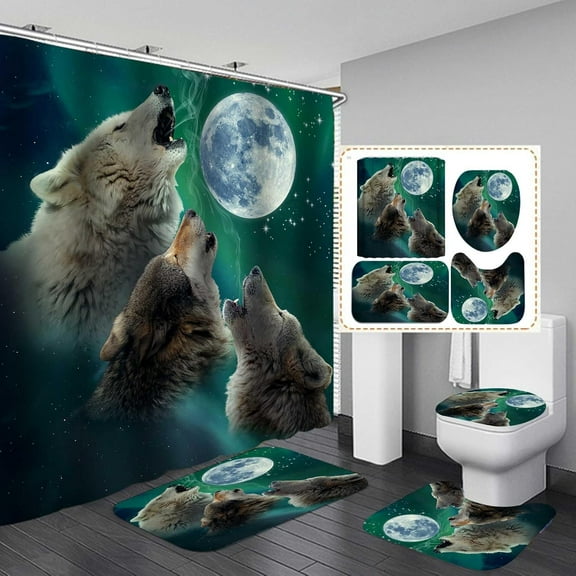4PCS Black and White Wolf Shower Curtain Set, Winter Pine Tree Forest Mountain Man Cave Wolf Couple Wild Animal Bathroom Decor, Waterproof Fabric Shower Curtain, Non-slip Bath Mat