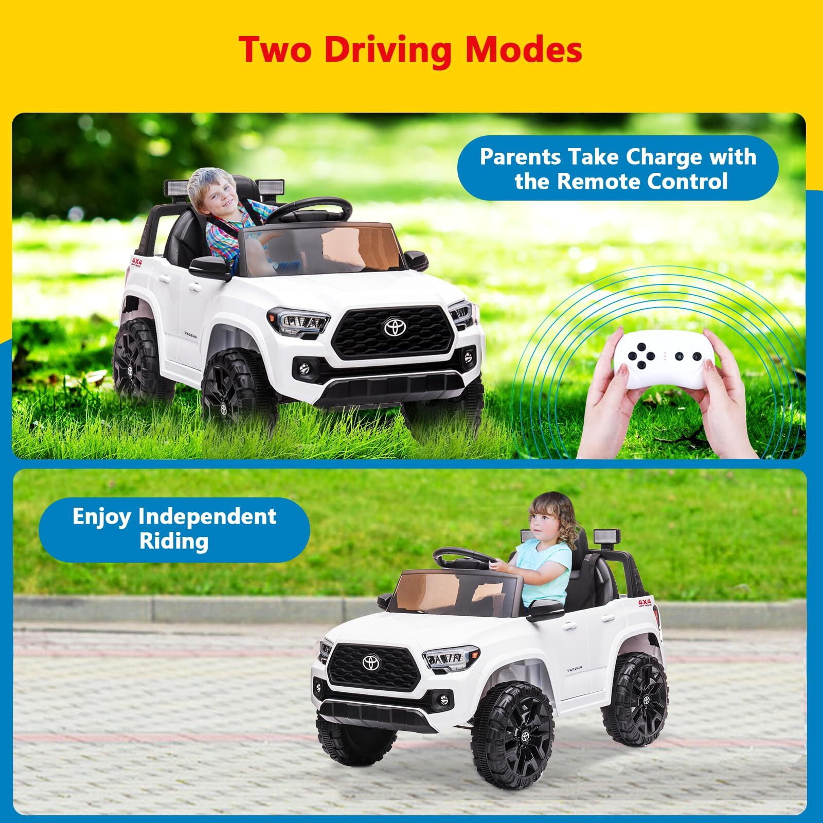 Sakiyr Licensed Toyota Tacoma 12V Kids Ride On Car, Kids Electric Vehicles with Parent Remote Control Spring Suspension Safety Belt, Soft Start, Led Headlight, Age for 37-72 Months