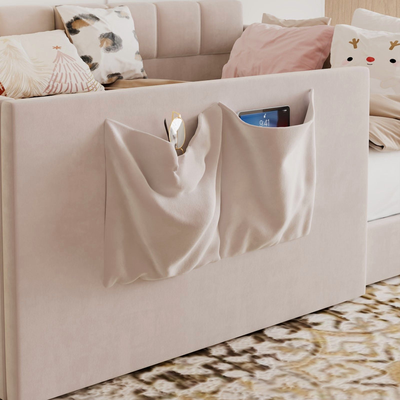 Full Size Velvet Daybed with 2 Storage Pockets, Upholstered Guest Sofa Bed Frame with High & Padded Backrest