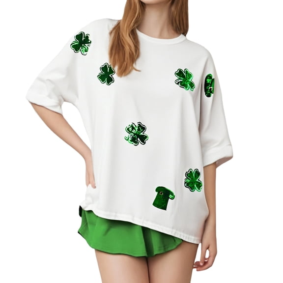 2026 Women's St. Patrick's T Shirt Oversized Sequin Trendy Shamrock Printed Top Short Sleeve Crewneck Loose Fit Tees