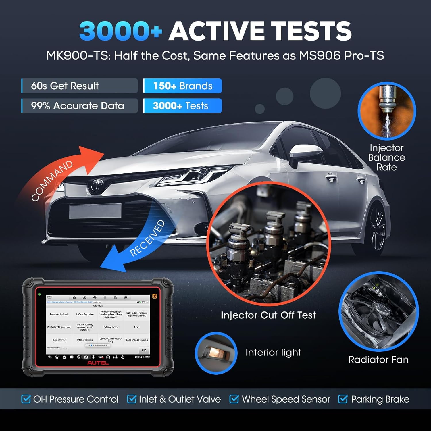 2025 Autel MaxiCOM MK900-TS Scanner, MK900-TS Up of MK808S-TS MK900BT MK900 MX900, Bidirectional Scan Tool w/Top TPMS Function, All System, CAN FD & DoIP, 3000+ Active Test, 40+ Service, FCA, OS 11.0