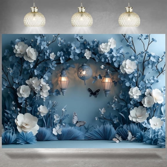 Blue Flower Butterfly Backdrop Bridal Shower Wedding Anniversary Photography Background Women Vintage Arch Door Blue Floral Birthday Decorations Banner Photo Booth Props
