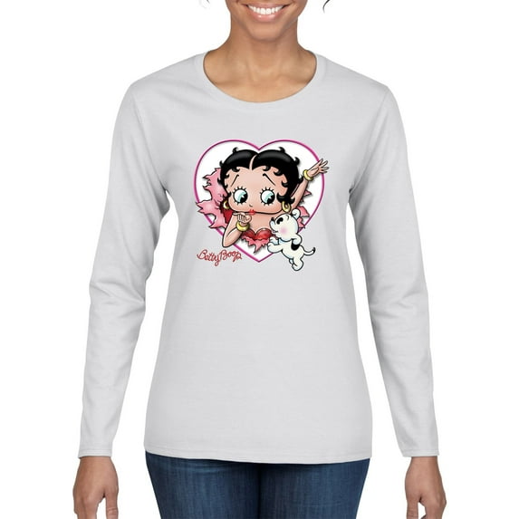 Wild Bobby, Betty Boop Heart Blowing Kiss Dog Betty Boop Womens Long Sleeve T-Shirt, White, XX-Large