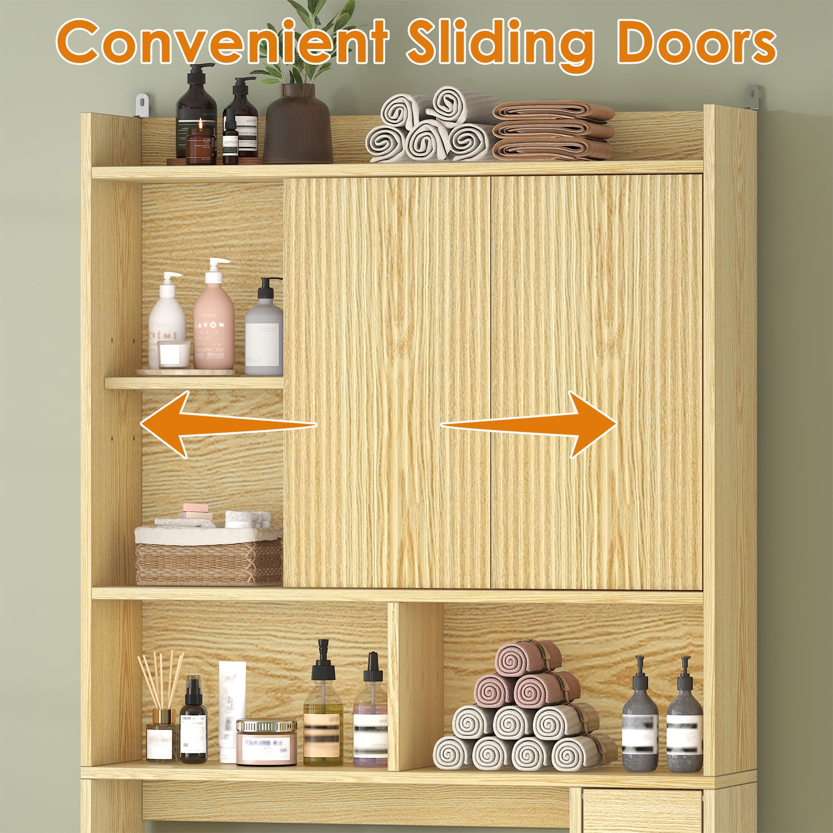 Frmobepts Over The Toilet Storage Cabinet with Toilet Paper Holder Stand, Above Toilet Organizer with Doors, Behind Toilet Shelf for Restroom, Bathroom, Laundry, Oak