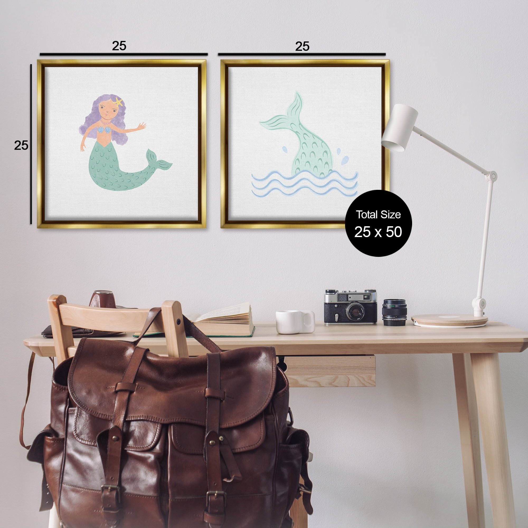 Stupell Industries Ocean Mermaid Splash Fantasy & Sci-Fi Painting Gold Floater Framed Canvas Art Print Wall Art, 25 x 25, Set of 2