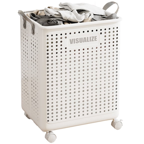 Collapsible Laundry Basket with Wheels and Handle, Plastic Foldable Laundry Hamper, Versatile Portable Storage Basket, Durable and Practical for Laundry and Bathroom (Ceramic White,Medium)