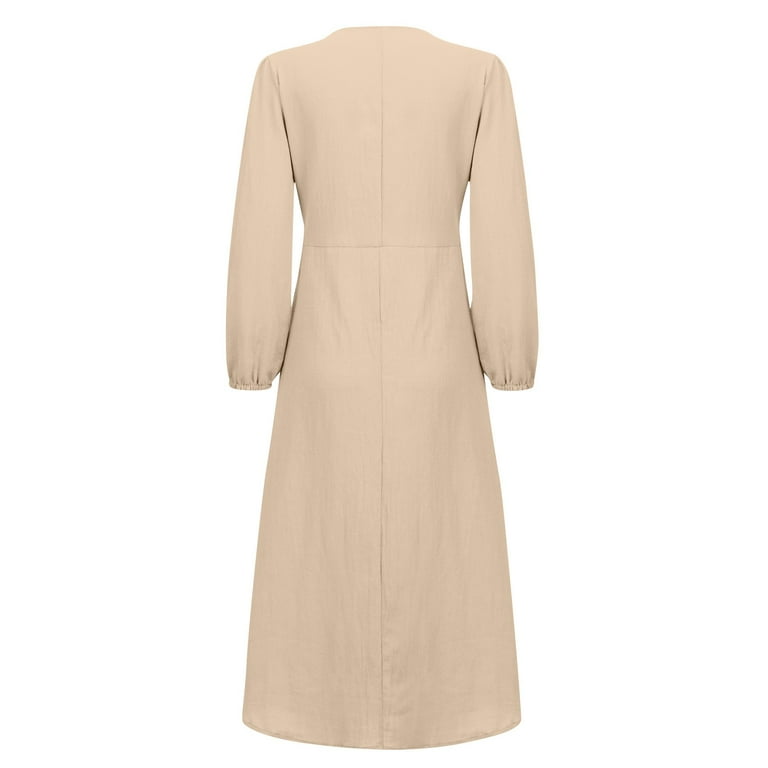 Jzuxvd Womens Cotton Linen Peasant Maxi Dresses Button Up Long Sleeve Pleated Tiered Dress Vintage Flowy Swing Tunic Dress Khaki XL