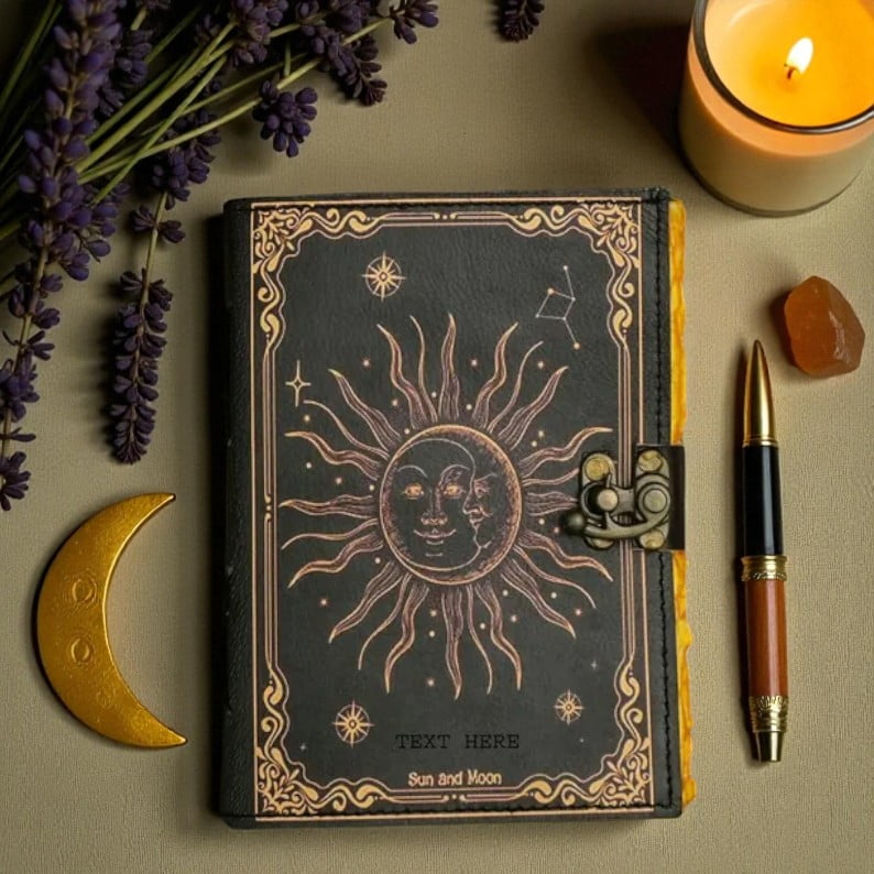 Handmade Leather Journal 5x7 Inch – Sun & Moon Embossed Notebook, 200 Deckle Pages, Vintage Writing Diary, Handmade Paper, Gift for Men & Women