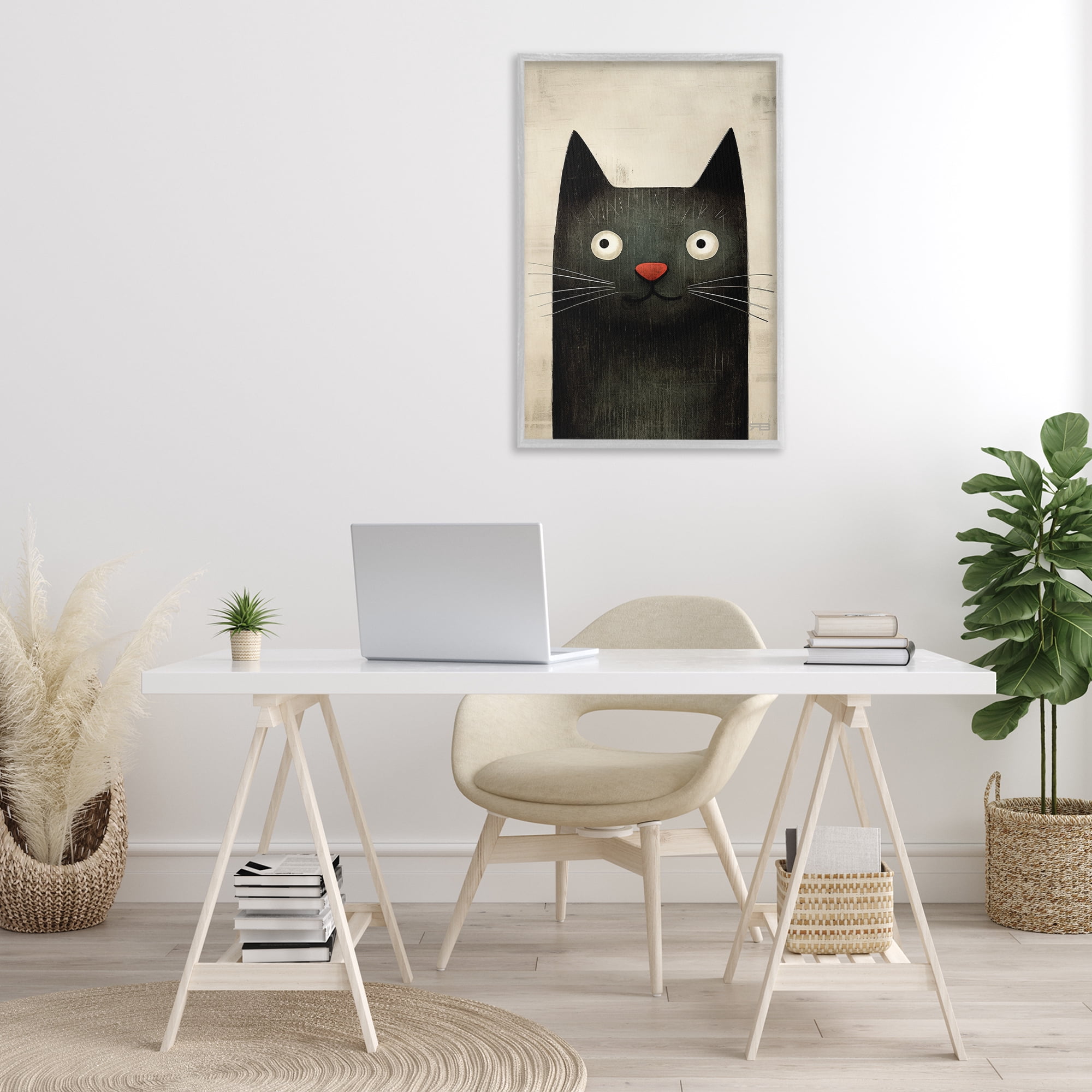 Stupell Industries Smiling Black Cat Animals & Insects Painting Gray Framed Art Print Wall Art, 20 x 30