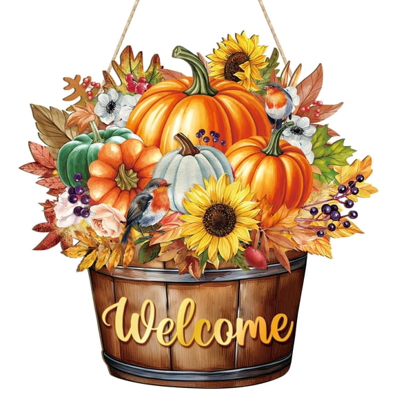 Wooden Hello Fall Pumpkin Door Sign, Fall Welcome Wreath for Front Door with Maple Leaf Mason Jar Flower, Farmhouse Hanging Ornament for Front Door Porch Autumn Thanksgiving Harvest Decor