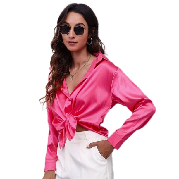 Camisa de manga larga con botones de seda de imitación de satén para mujer Blusa de trabajo formal Top -Rose Red Zhivalor BST3000039-1