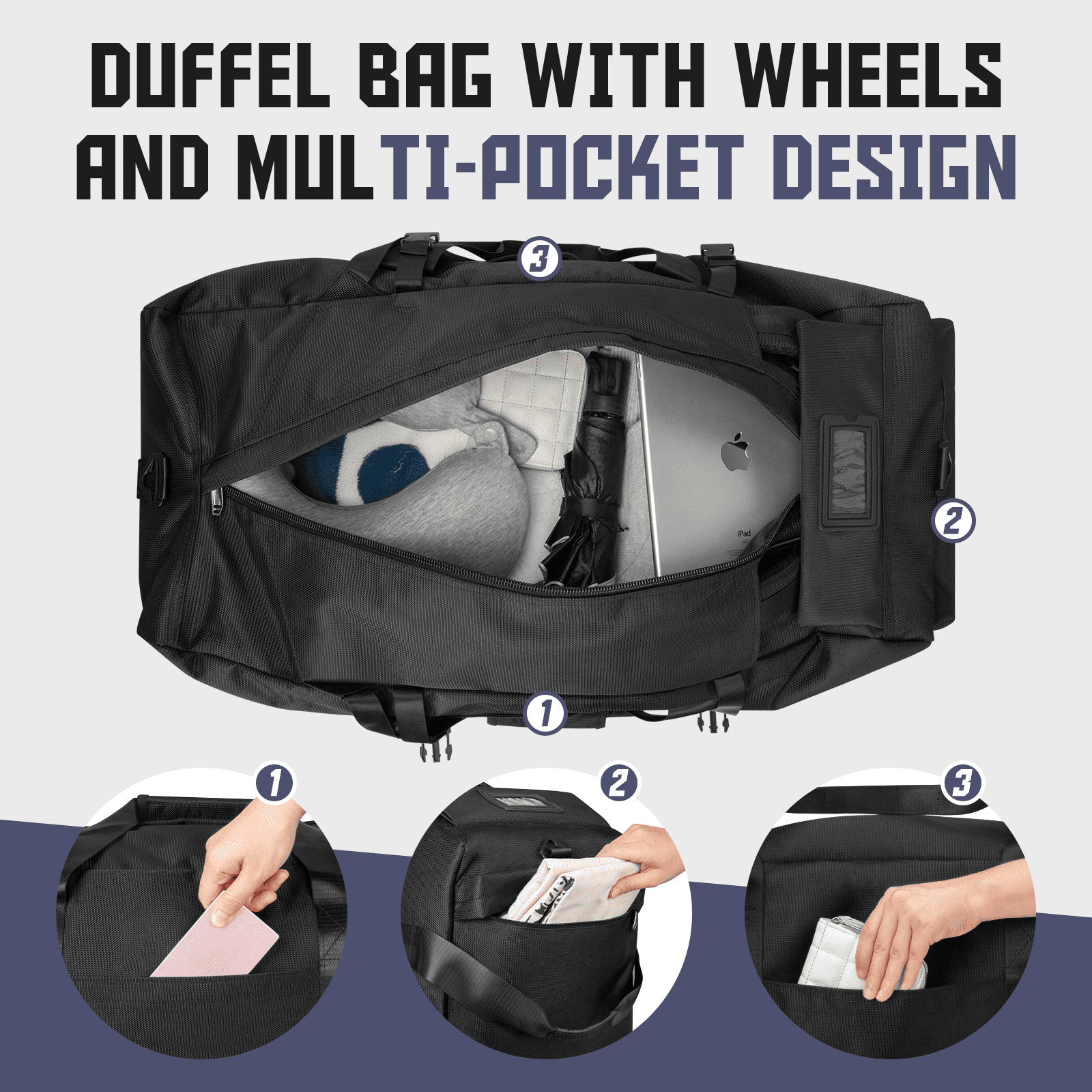 DAKOMM 90L Foldable Rolling Duffel Bag with Wheels, Extra Large 34 Inch Travel Duffel Bag with Shoulder Strap for Travel Camping Sports, Waterproof Large Gym Bag, Travel Backpack For Men Women, Black