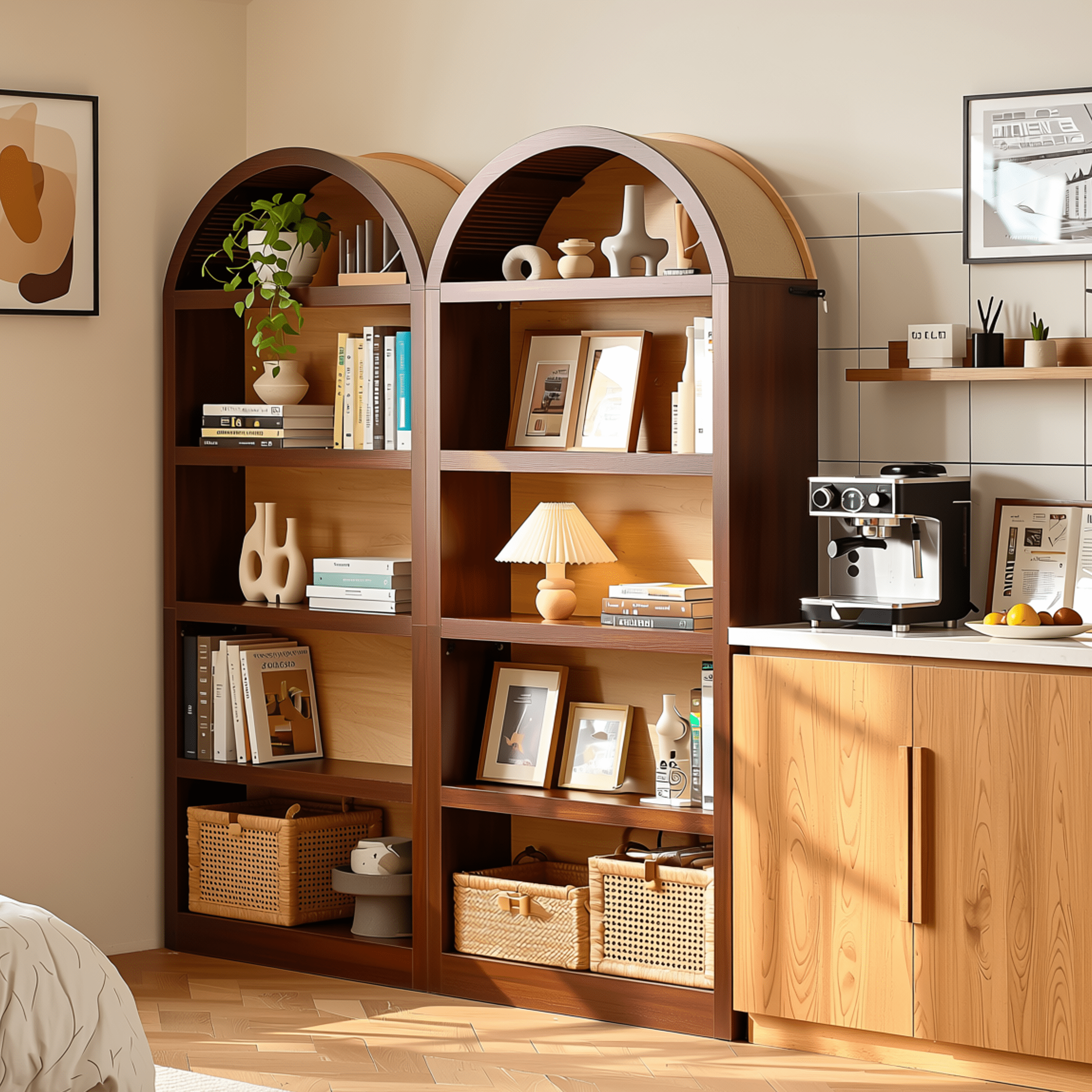 Homy Casa 69" Tall Arched Bookcase Set of 2, Two-Tone 4-Shelf Bookshelves for Living Room, Walnut