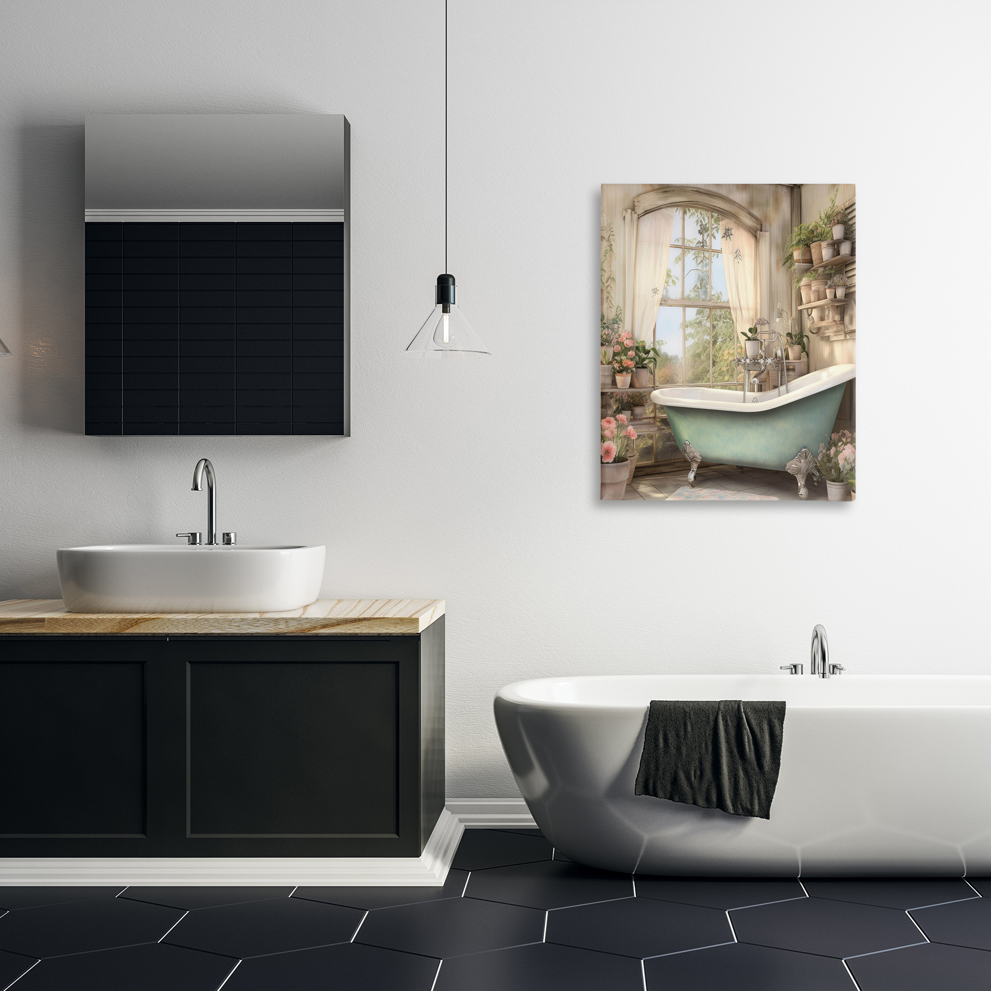 Bathroom with Floral Filled Shelves Canvas Wall Art, design by Lettered and Lined