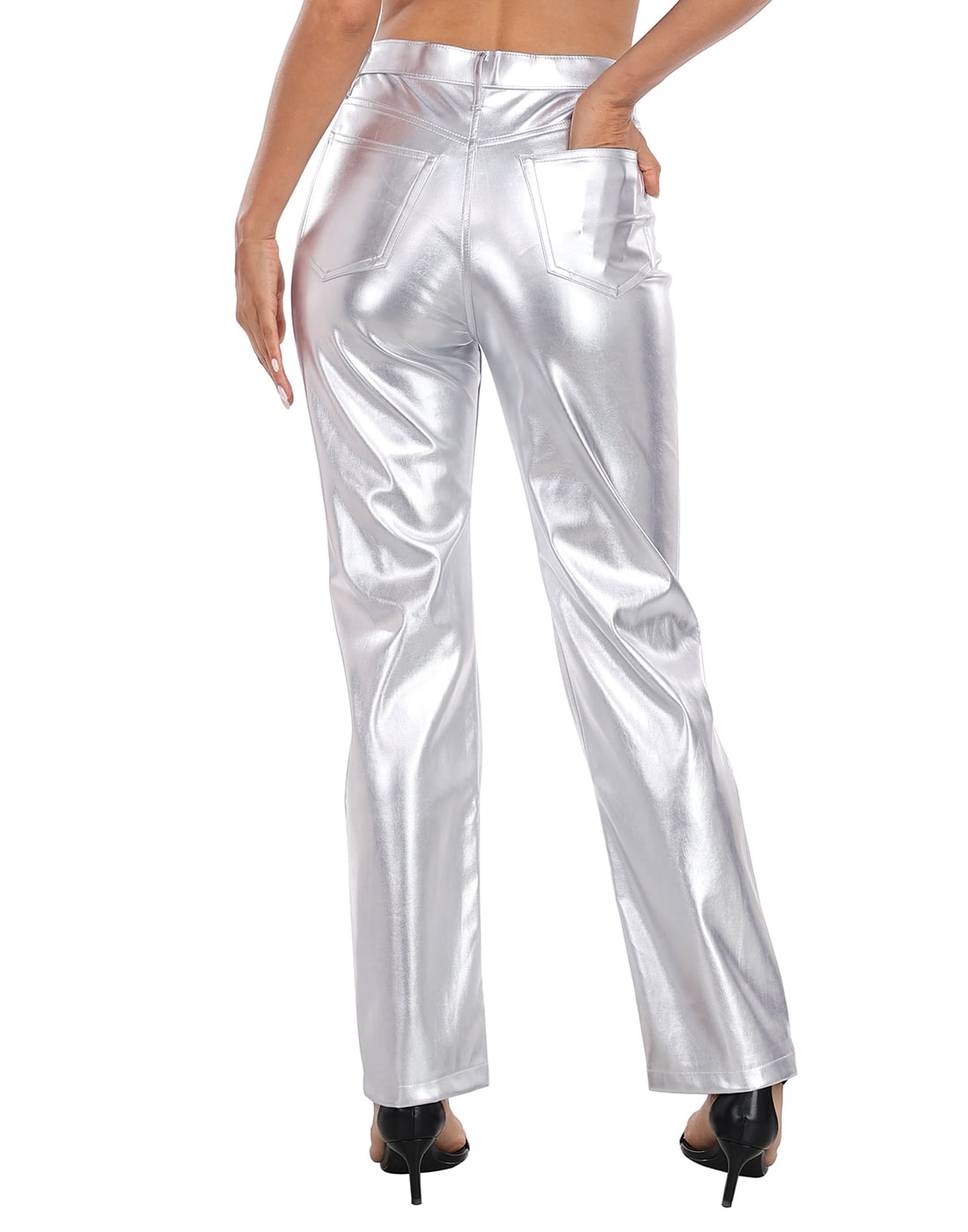 HDE Women's Metallic Faux Leather Pants High Waisted Trousers Silver 8
