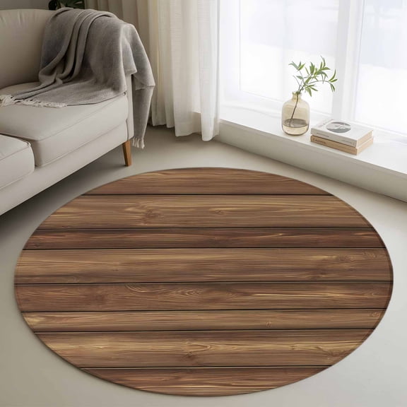 Round Area Rug 4 Ft, Vintage Wood Grain Washable Non-Slip Circle Carpet for Living Room/Bedroom, Country Wooden Board Brown Low-Profile Crawling Mats Collection Rugs for Indoor