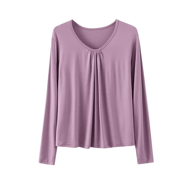 Chbgutlmr Womens Plus Size Tops Ruched Long Sleeve Comfy Loose Pajamas Solid Color Casual Pjs Blouses