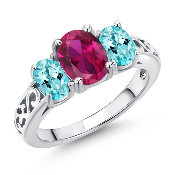Gem Stone King 925 Sterling Silver Red Created Ruby and Blue Apatite Filigree Style 3 Stone Ring for Women (2.40 Cttw, Oval 8X6MM and 6X4MM) (Size 8)