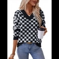 thumbnail image 1 of Suéter Corto A Cuadros para Mujer, Cuello en V, Larga, Jersey de Punto Negro M, 1 of 9