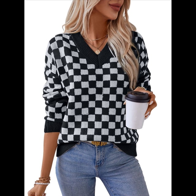 Suéter Corto A Cuadros para Mujer, Cuello en V, Larga, Jersey de Punto Negro M