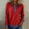 thumbnail image 3 of Otntypg Women's Waffle Knit Top with Denim Collar Cuffs Lightweight Half Button Front Long Sleeve Lapel Denim Patchwork Stitching Pullover Casual Office Outfits Red L, 3 of 9