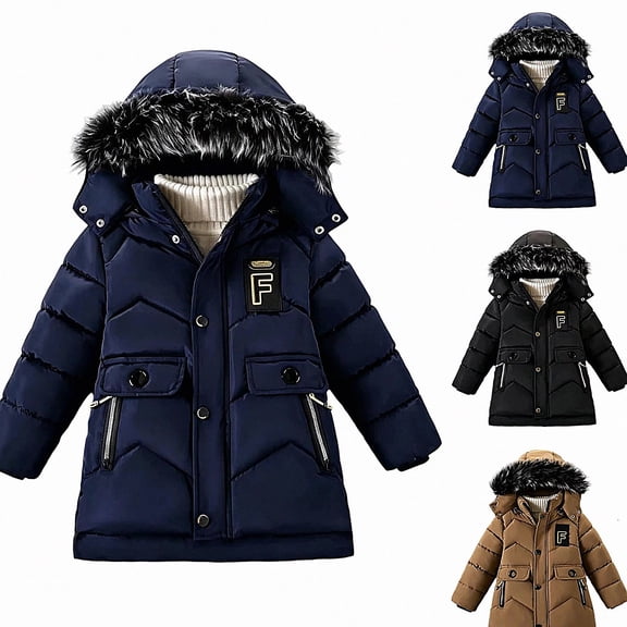 HAOTAGS Boys Winter Hooded Puffer Coat (5-13) Windproof Mid-Length Faux Warm Parka Navy Size 7