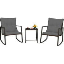 SUNCROWN 3 Piece Outdoor Rocking Bistro Set Brown Wicker Furniture Porch Chairs Conversation Sets with Glass Coffee Table, Dark Grey