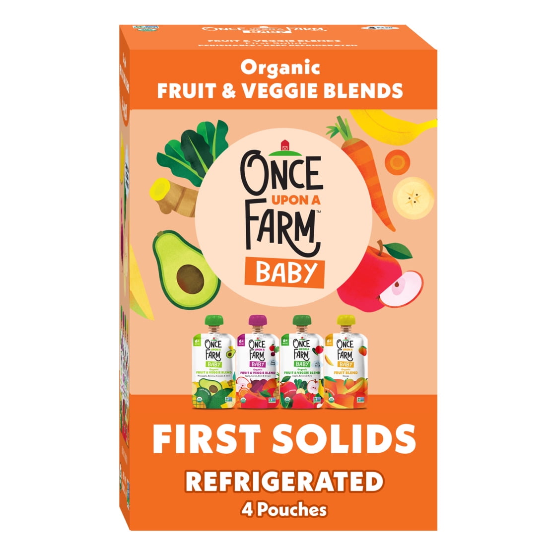 (3 pack) Once Upon a Farm Organic Refrigerated Baby Food Fruit & Veggie Blends Starting Solids Variety Pack, 3.2oz Pouch (4 Pack)
