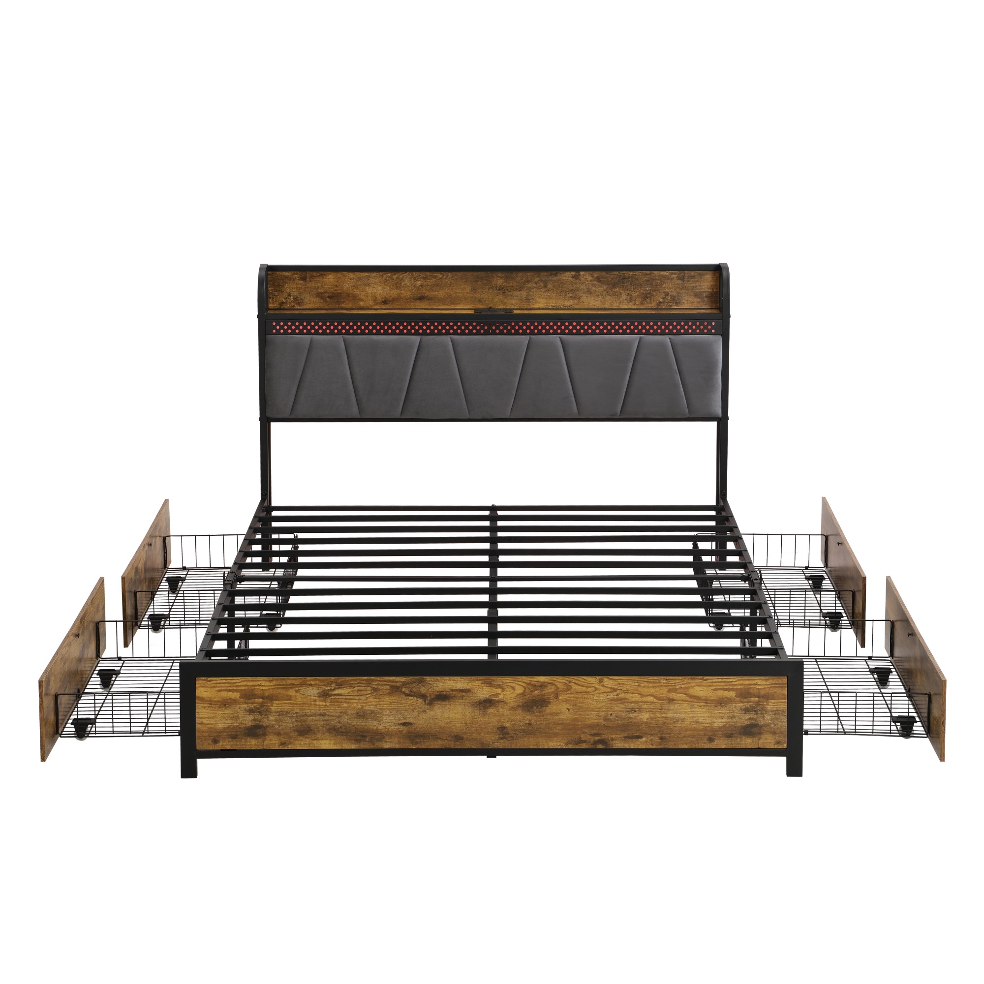 Gewnee King Size Bed Frame, Storage Upholstered Headboard with Charging Station and 4 Storage Drawers,LED Lights , Brown and and Gray