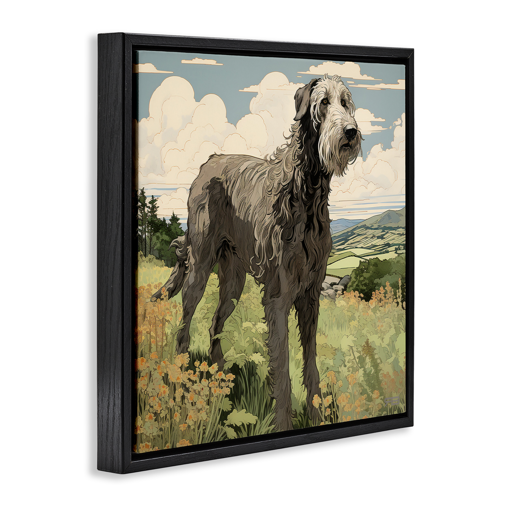 Stupell Industries Countryside Landscape Dog Landscape Painting Black Floater Framed Canvas Art Print Wall Art, 25 x 25