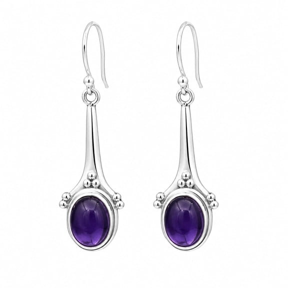 Natural Amethyst Oval Dangle Earrings for Women 925 Sterling Silver Plated Long Drop Earrings Handmade Purple Gemstone Jewelry Gift