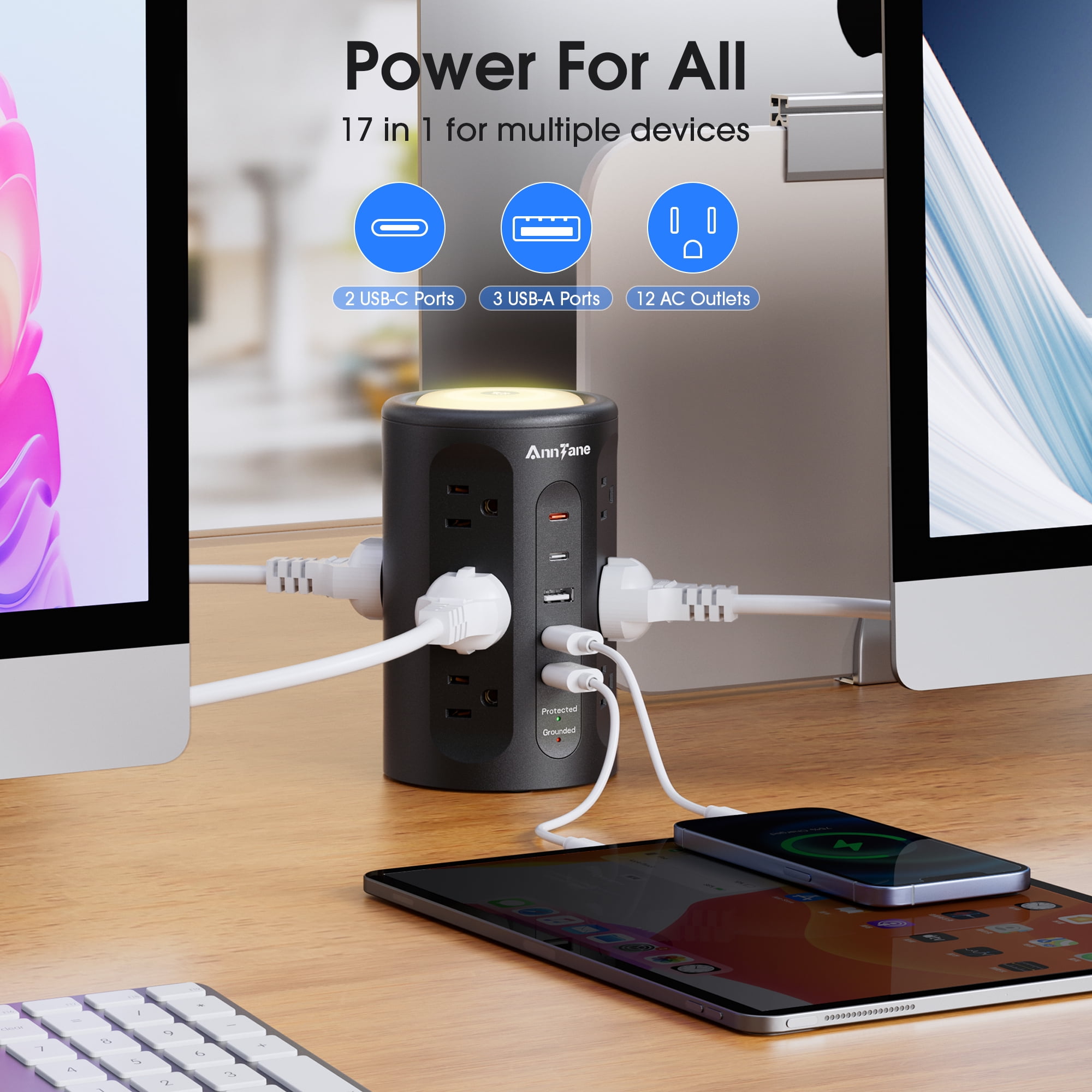 12 Outlets Power Strip Tower with Night Light, Surge Protector with 5 USB(4U+2C) Ports 10 FT Extension Cord