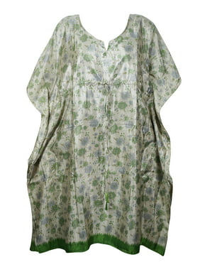 Mogul Women White,Green Caftan Tunic Dress Recycled Silk Sari Printed Resort Wear Beach Cover Up Housedress Holiday Kaftan 2XL