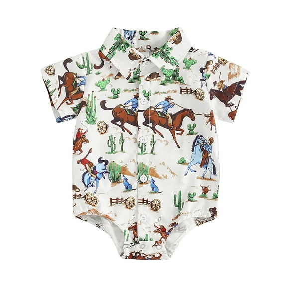 Aojekbee Baby Boys Rompers Western Horse Print Turn-Down Collar Short Sleeve Infant Gentleman Bodysuits Summer Jumpsuits