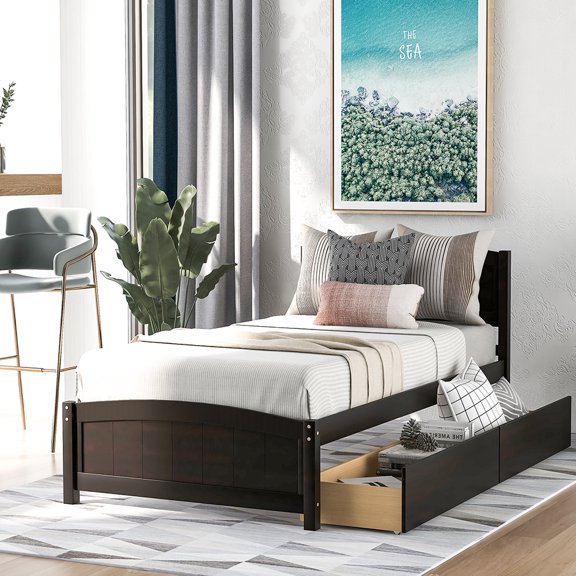 Kepooman Twin size Solid Wood Platform Bed Frame with 2 Drawers & Headboard for Bedroom, 79.5"L x 41.7"W x 37.5"H, Espresso