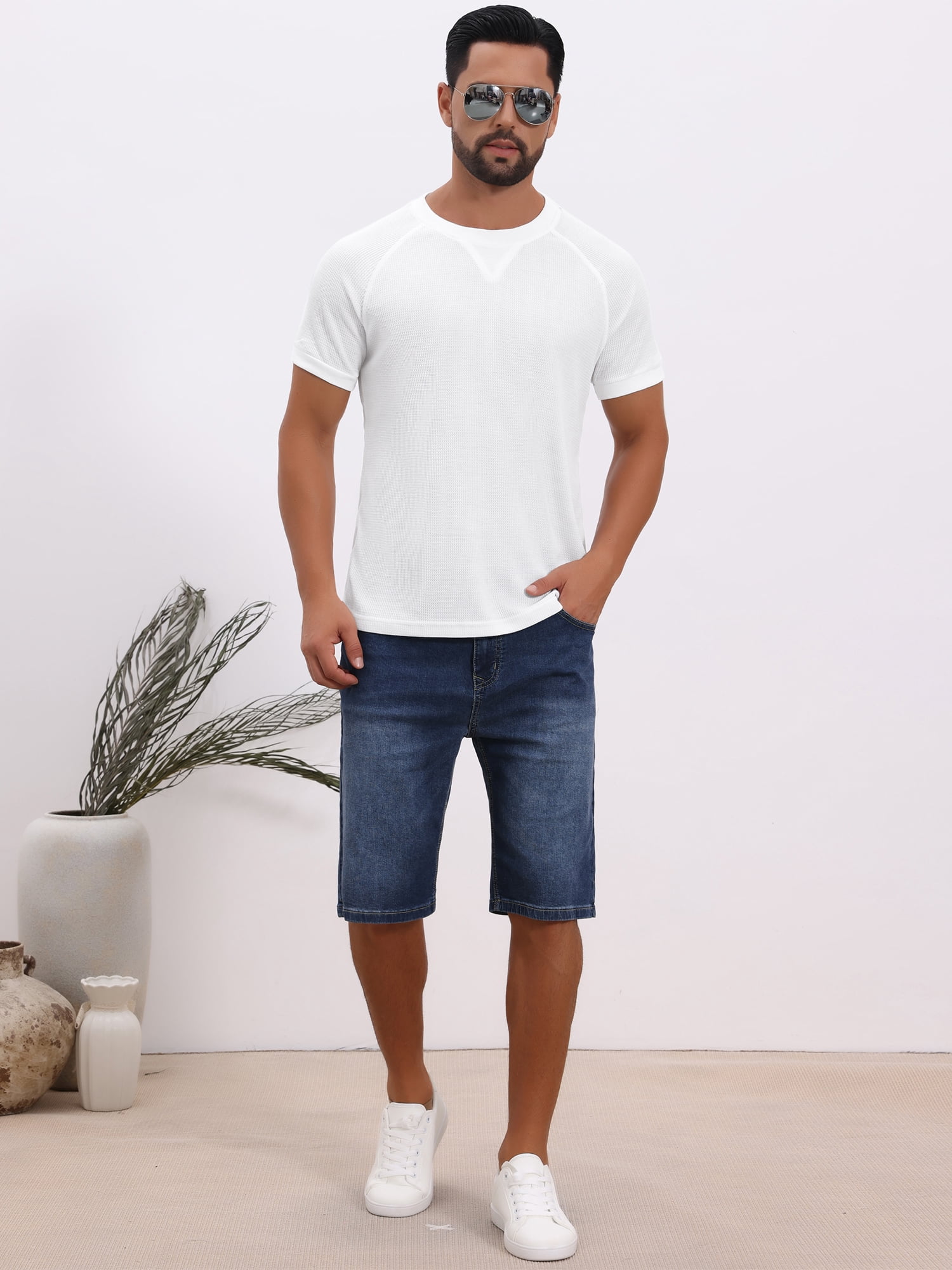 DARING DIVA Men's Waffle Fabric Classic Crew Neck Raglan Short Sleeves 2XL White